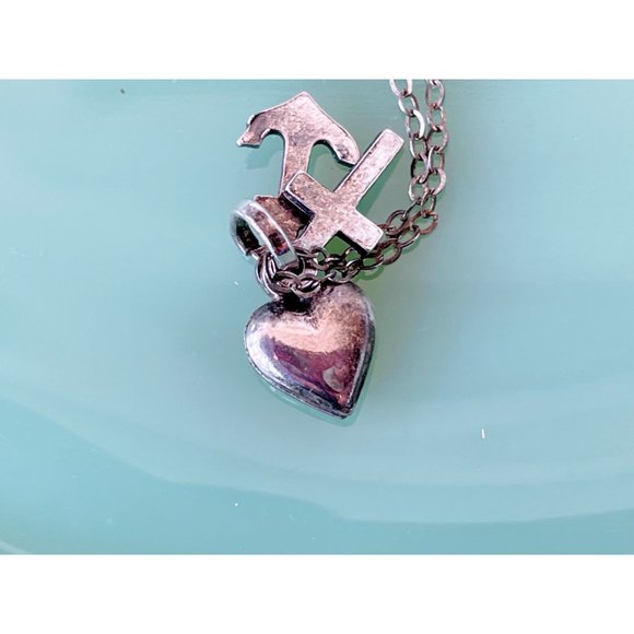 Antique Sterling Charm Necklace Puffy heart, Cross, Anchor - Picture 11 of 11